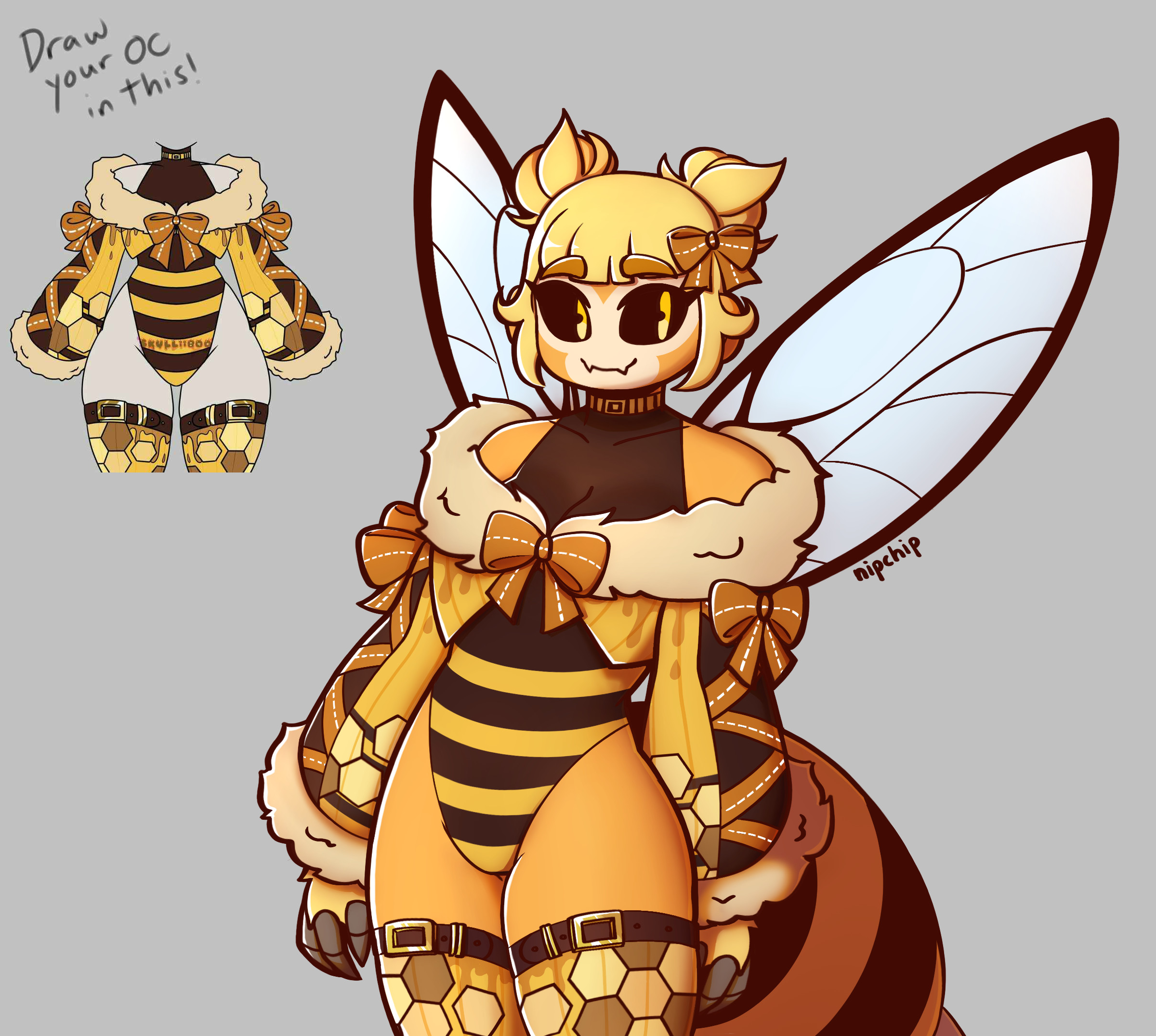 Beesalia wearing a bee themed outfit. It consists of (1) a dark brown body suit with yellow stripes in the lower half (resembling a bee), (2) a yellow and brown fur trimmed sweater that exposes her shoulders, decorated with orange ribbons and honeycomb pattern, and (3) honeycomb patterned thigh high socks, held up by brown belts.